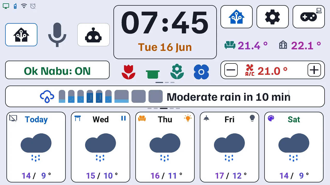 M5Stack Tab5 home screen in the Bento light theme: the rain bars of the next hour and Moderate rain in 10 min on the central card, a rainy 5-day forecast