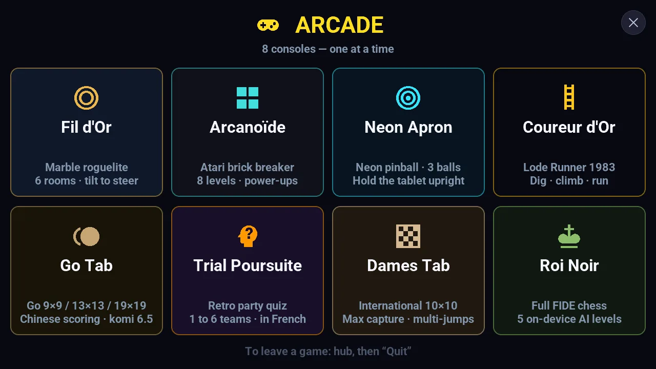 Arcade menu of the M5Stack Tab5 with eight offline games drawn with LVGL