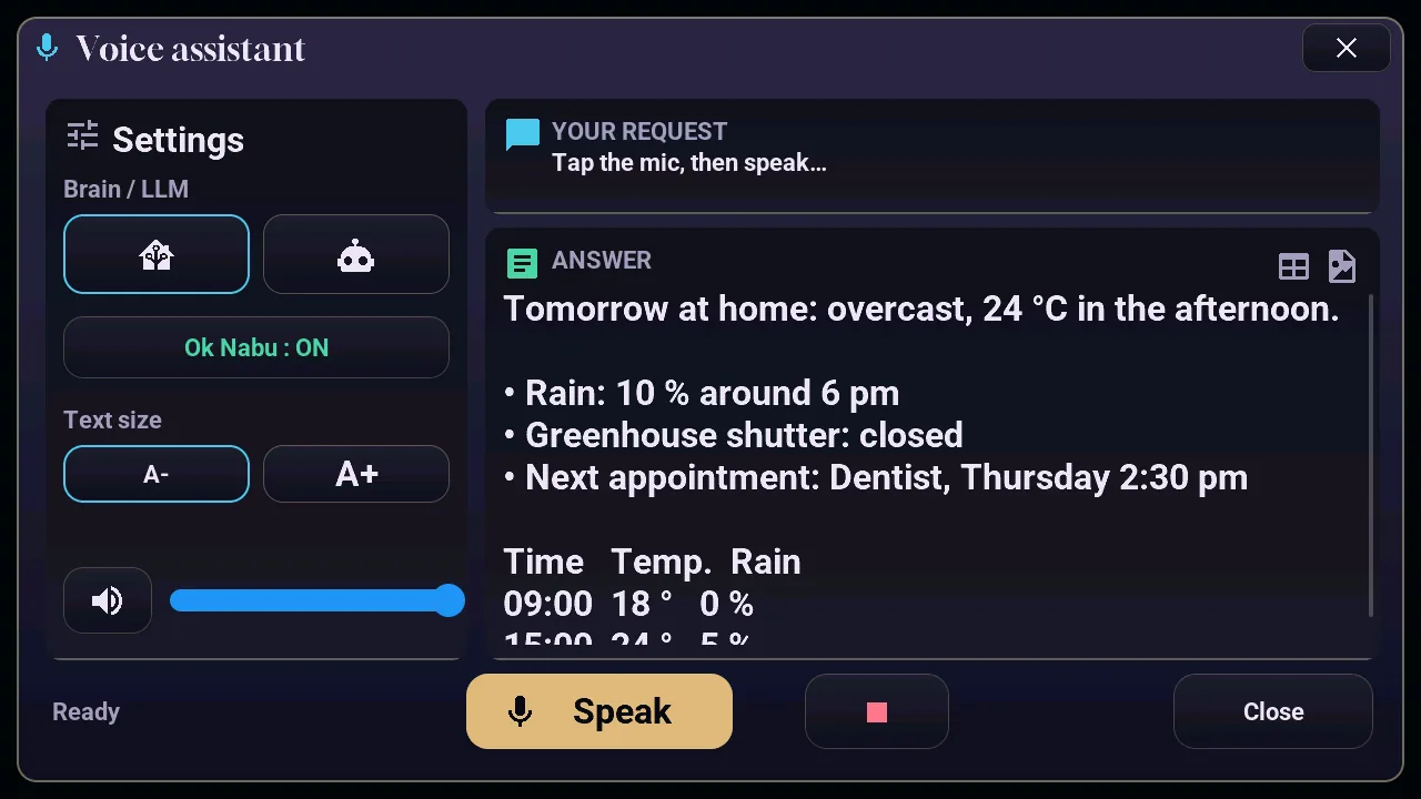 Voice assistant popup of the M5Stack Tab5: its settings, the request and a formatted reply with a list and a table