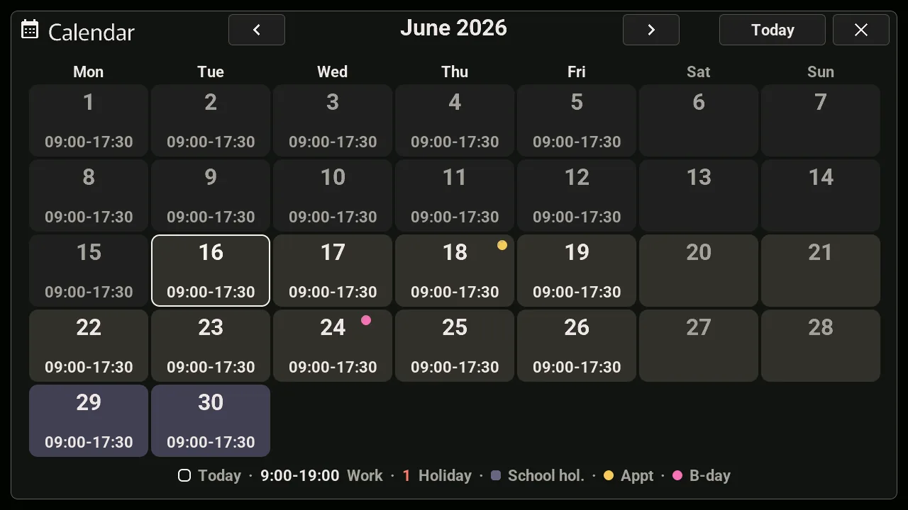 Monthly calendar of the M5Stack Tab5 with work hours, a public holiday, school holidays, appointments and birthdays