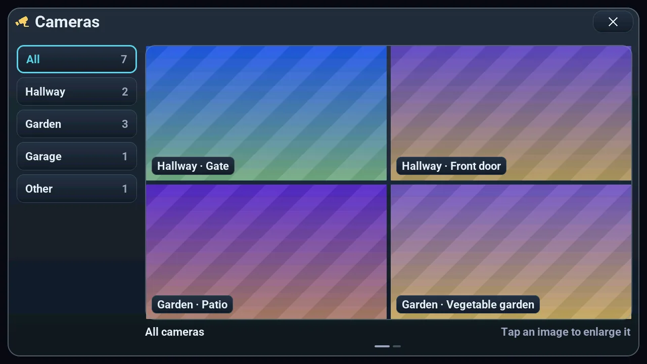 Cameras popup of the M5Stack Tab5: seven cameras sorted by room, four of them in a mosaic (test pattern of the render instead of real pictures)