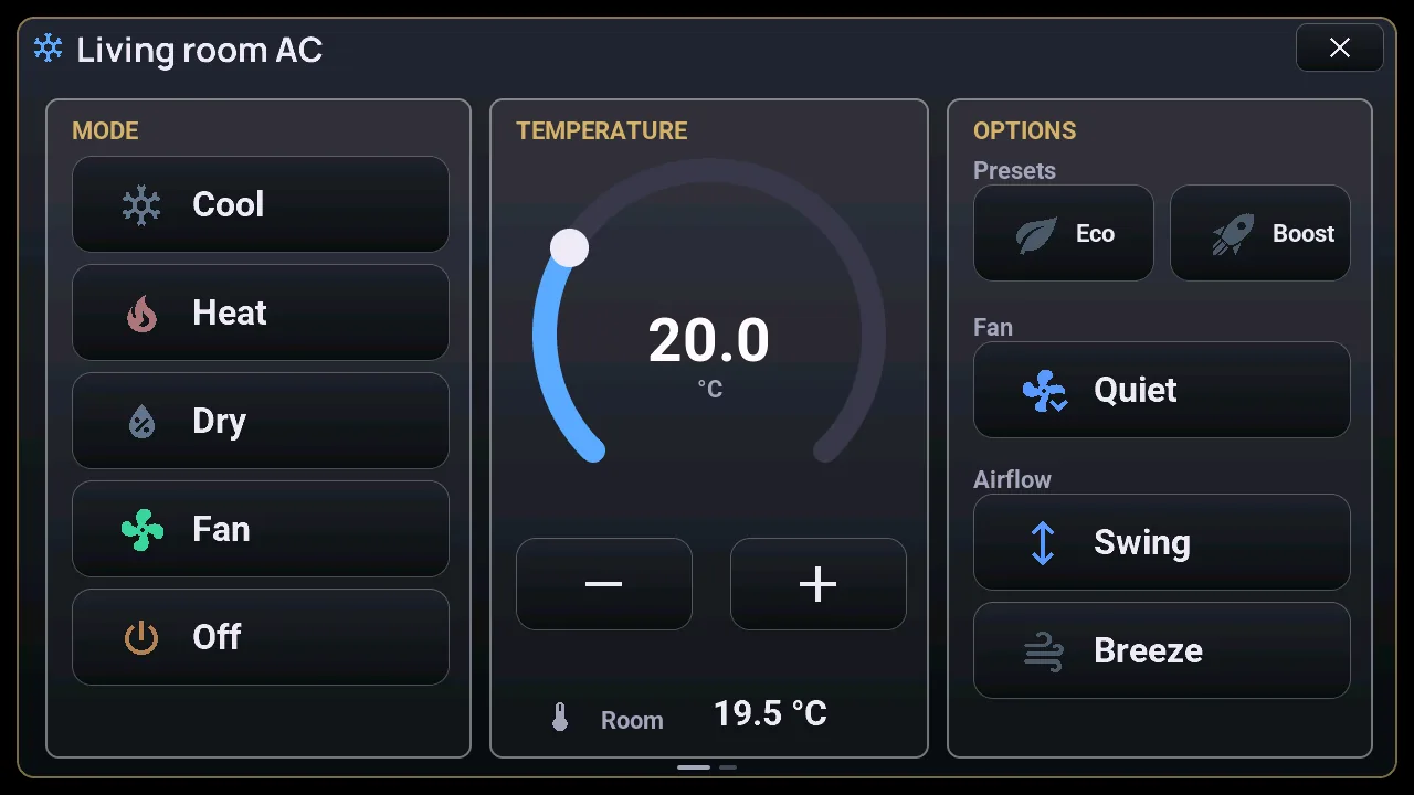 Climate popup of the M5Stack Tab5: modes, a thermostat arc set to 20 °C, presets, fan speed and airflow