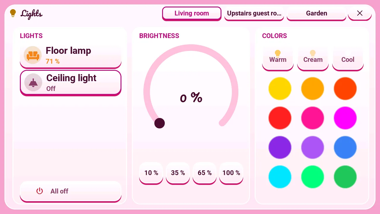 Light popup of the M5Stack Tab5: the room's lights, a brightness arc with shortcuts, 3 whites and 12 colours