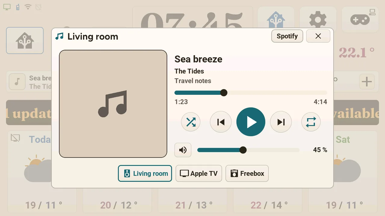 Music popup of the M5Stack Tab5: the paused track with its progress, playback controls, volume and three players to pick from