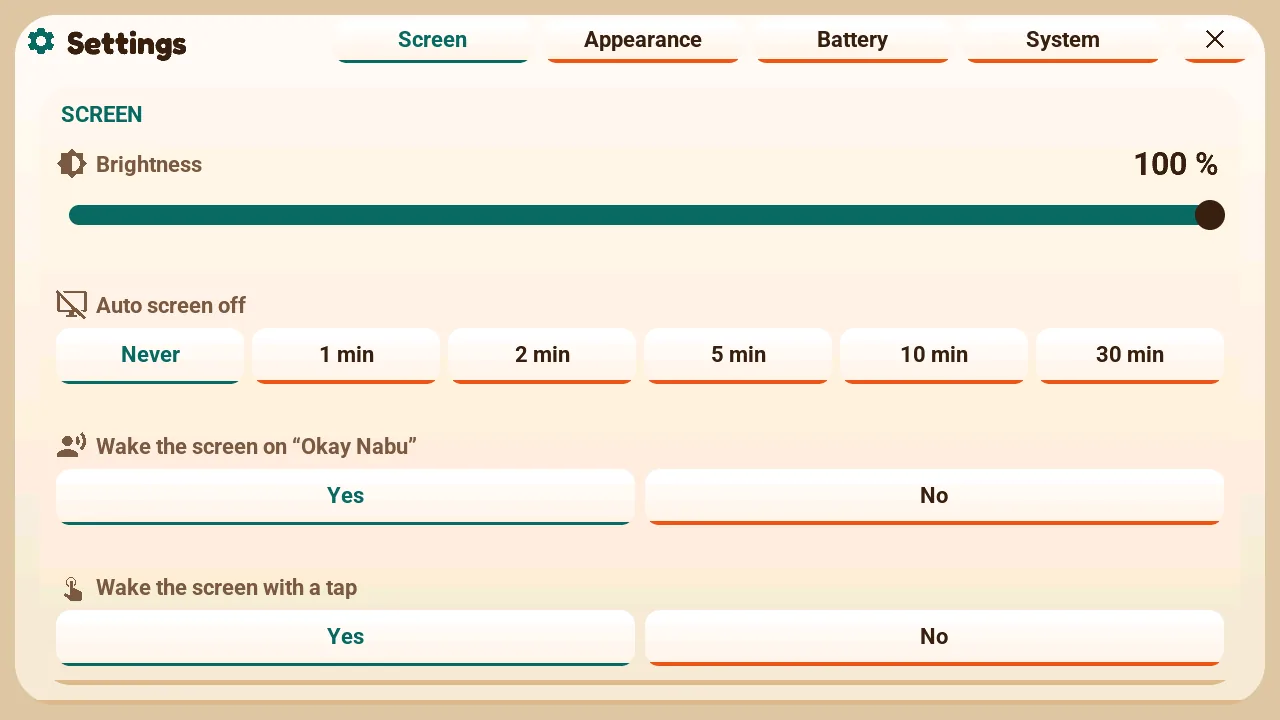 Settings popup of the M5Stack Tab5, Screen page: brightness, auto screen off and wake options