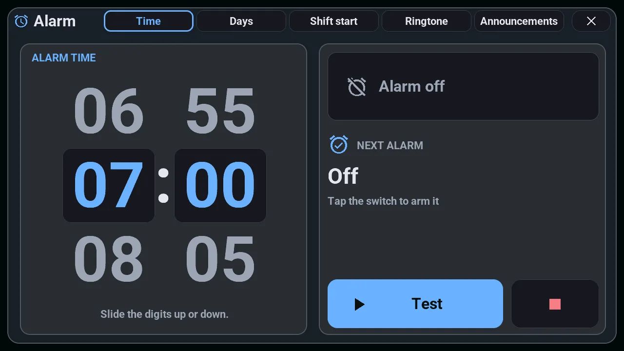 Alarm clock popup of the M5Stack Tab5: the alarm time on rolling digits, its tabs (days, shift start, ringtone, announcements) and a test button