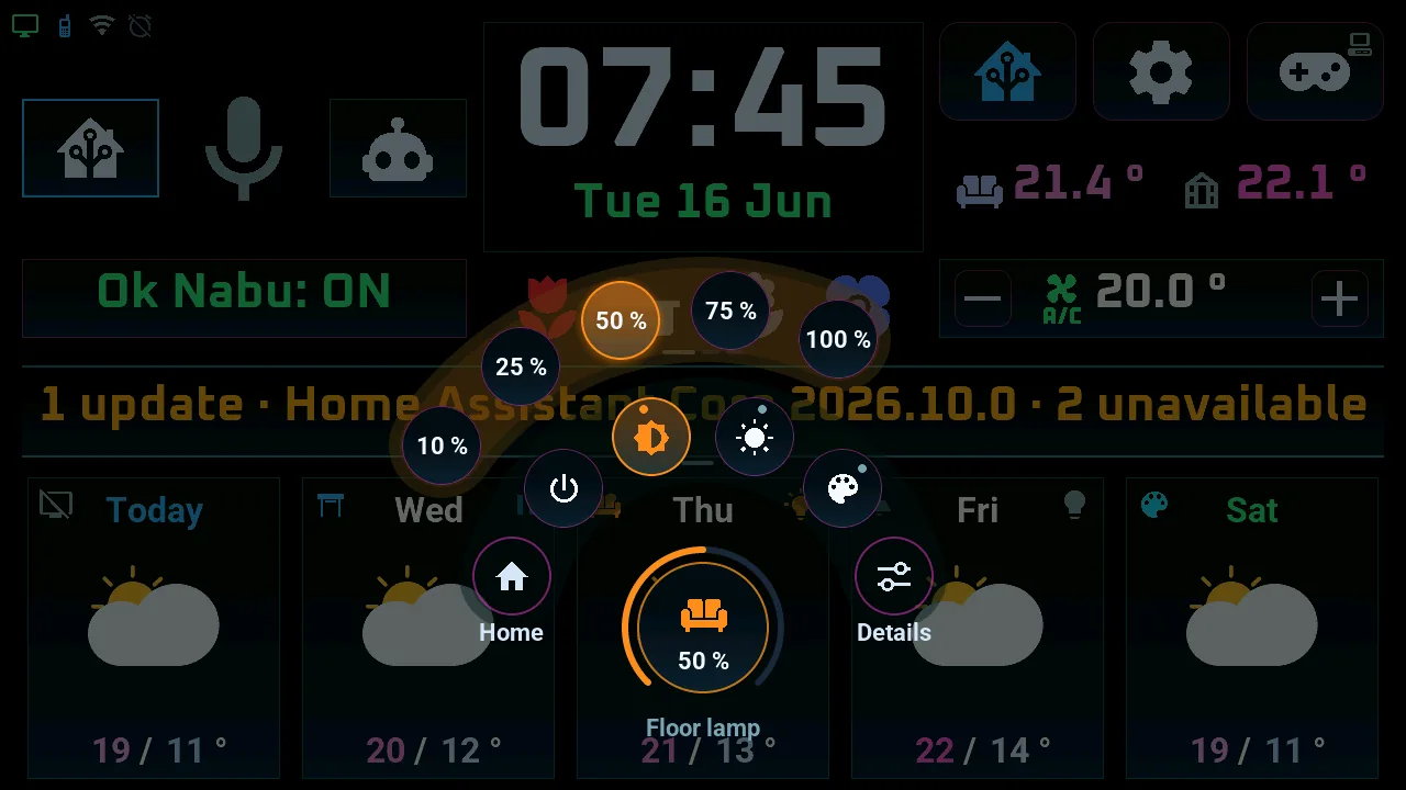 Quick-action wheel of the M5Stack Tab5 opened by a long press on the floor lamp: brightness steps, power, colours and details around the finger