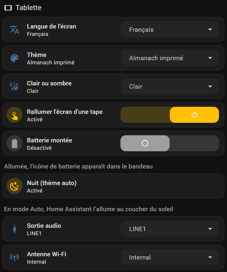 « Tablette » column of the Settings view: screen language, theme, light or dark, wake with a tap, battery fitted, night switch, audio output, Wi-Fi antenna
