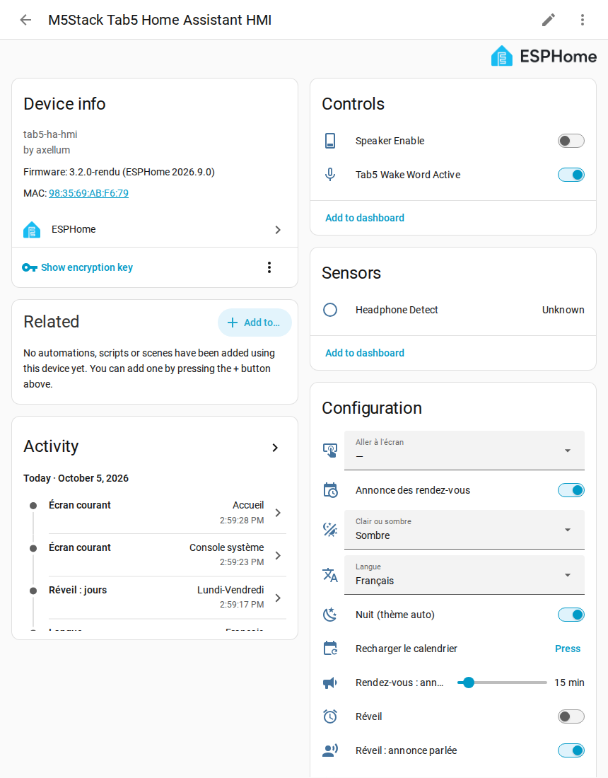 The tablet's device page in Home Assistant: device info, controls, sensors, activity and the Configuration card (screen to show, light or dark, language…)