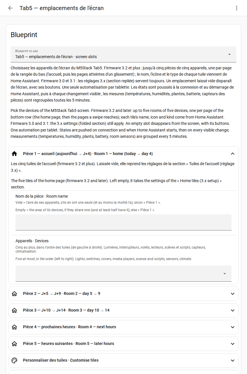 The screen slots automation in the Home Assistant editor: the blueprint and its sections, Room 1 open