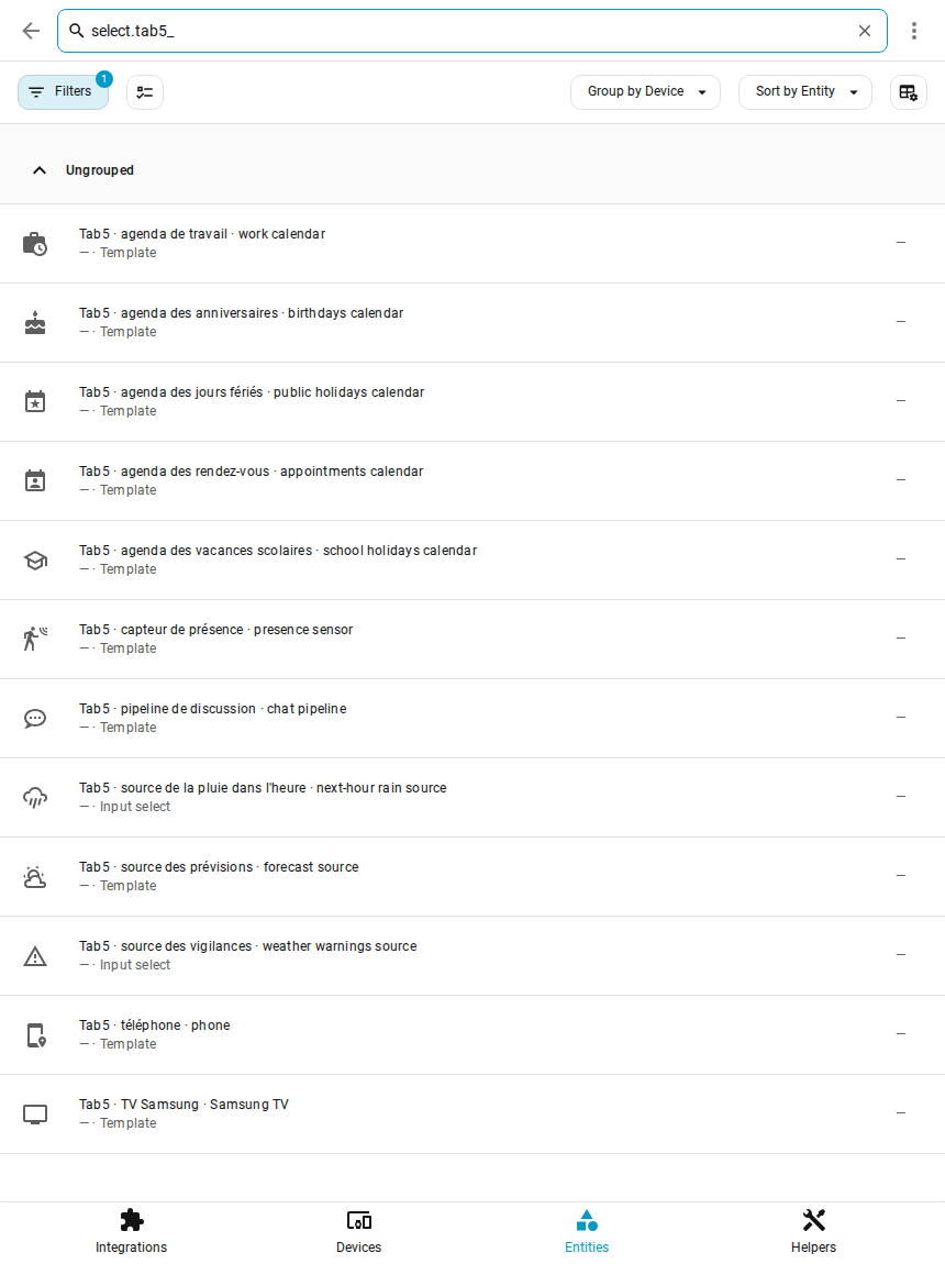 The « Tab5 · » lists in the entity table of Home Assistant, searched with select.tab5_: calendars, presence sensor, chat pipeline, weather sources, phone and TV
