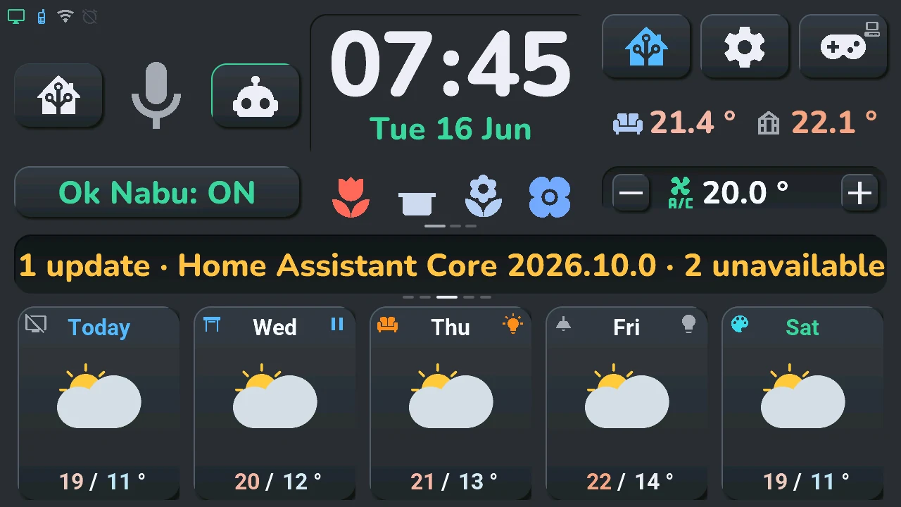 Home screen in conversation mode: the robot button is lit