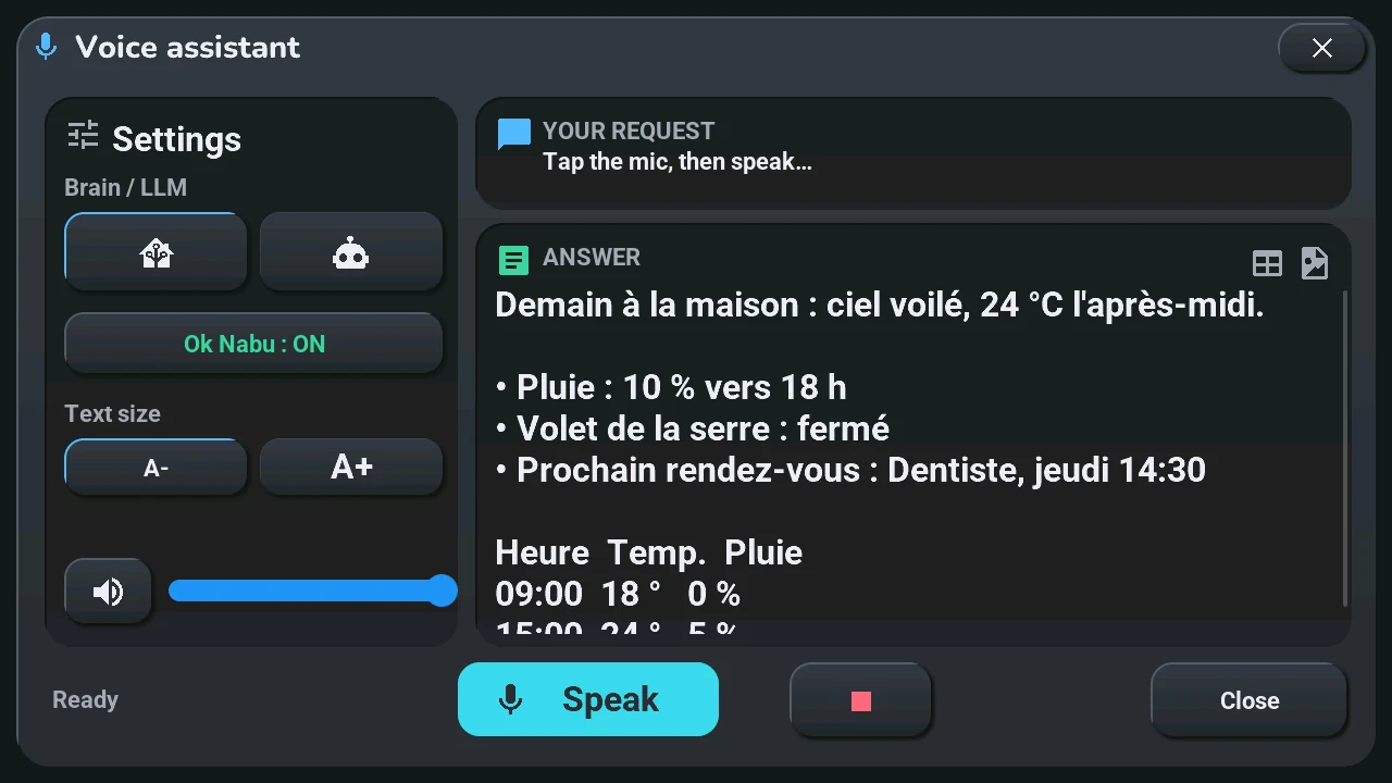 Voice assistant popup with a rich answer (render, demo data)