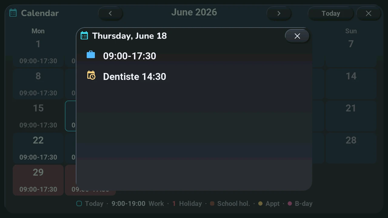The detail of Thursday 18 June: work hours and a dentist appointment at 14:30