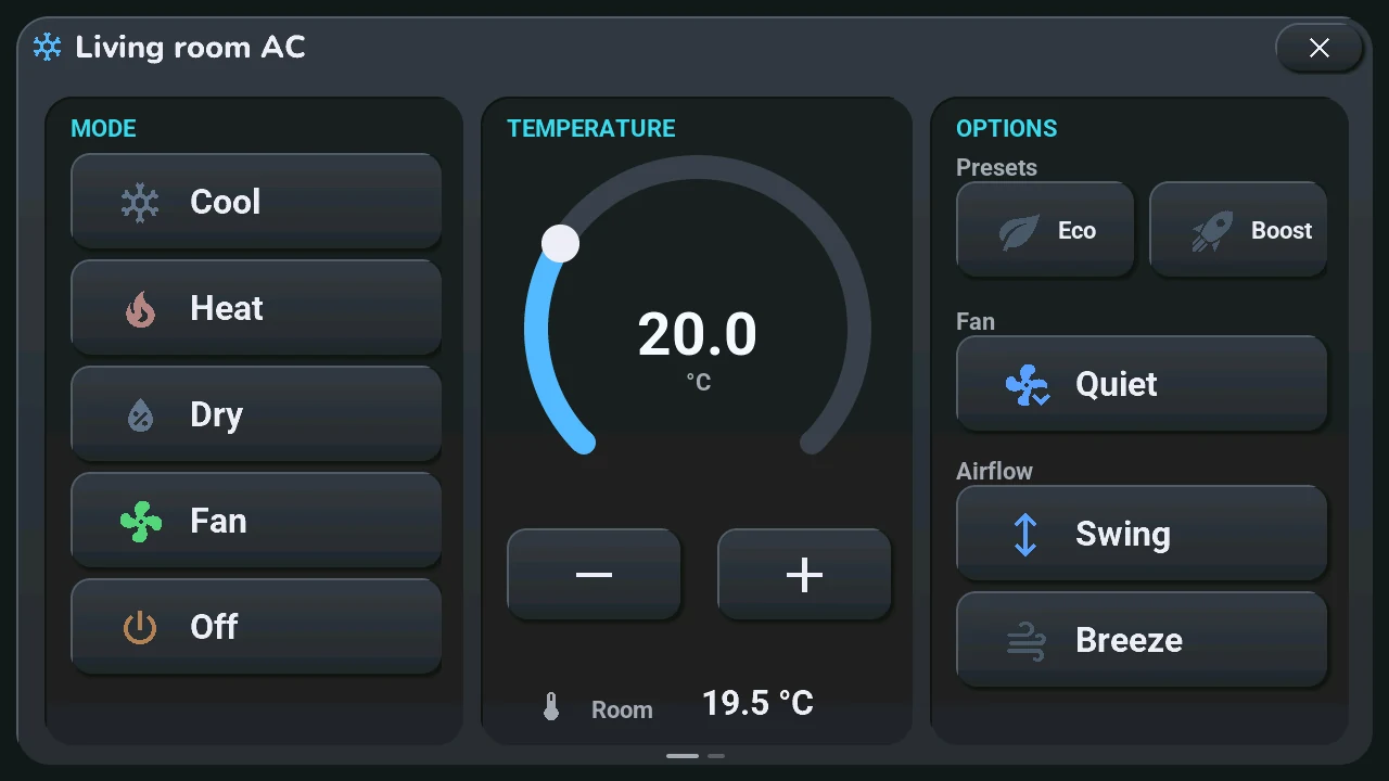 The climate window: modes, target 20.0 with the arc, options