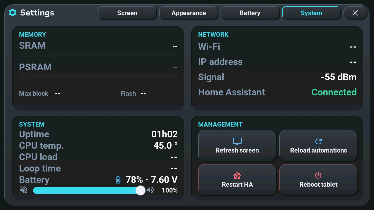The System card with a battery fitted: level, voltage and the status-bar icon