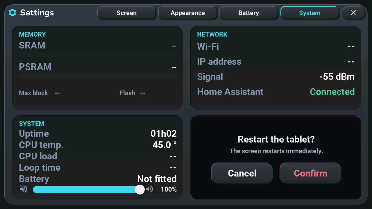 The confirmation: Restart the tablet? with Cancel and Confirm