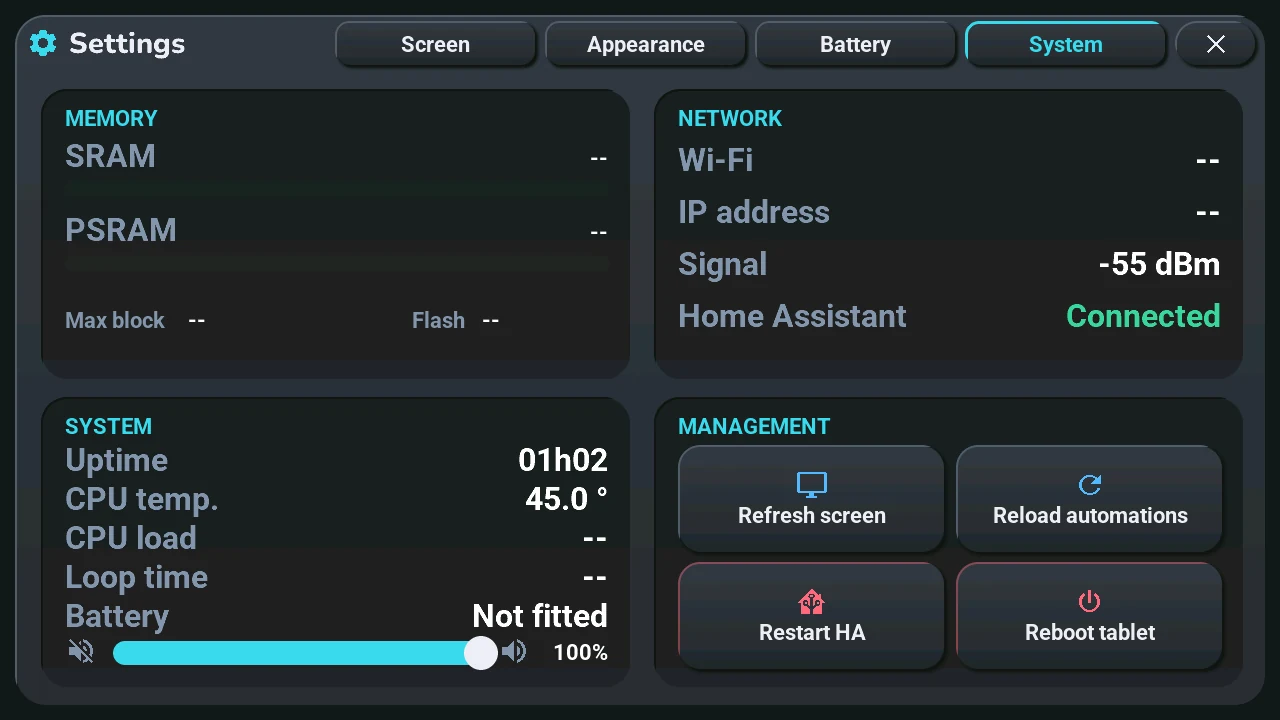 The system console: memory, network, system with the volume, and the management buttons