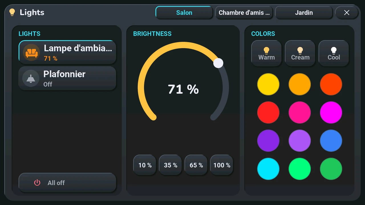 The lights window: the lights of the room, brightness at 70 %, whites and colours