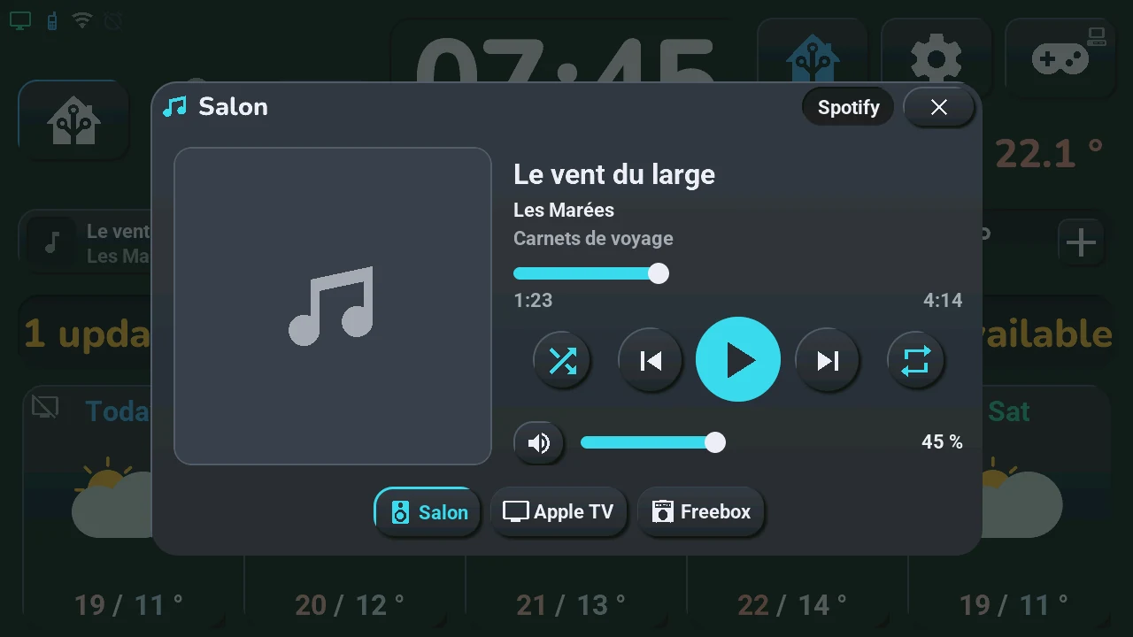 The music window: cover, title, artist and album, the position bar, playback and volume buttons