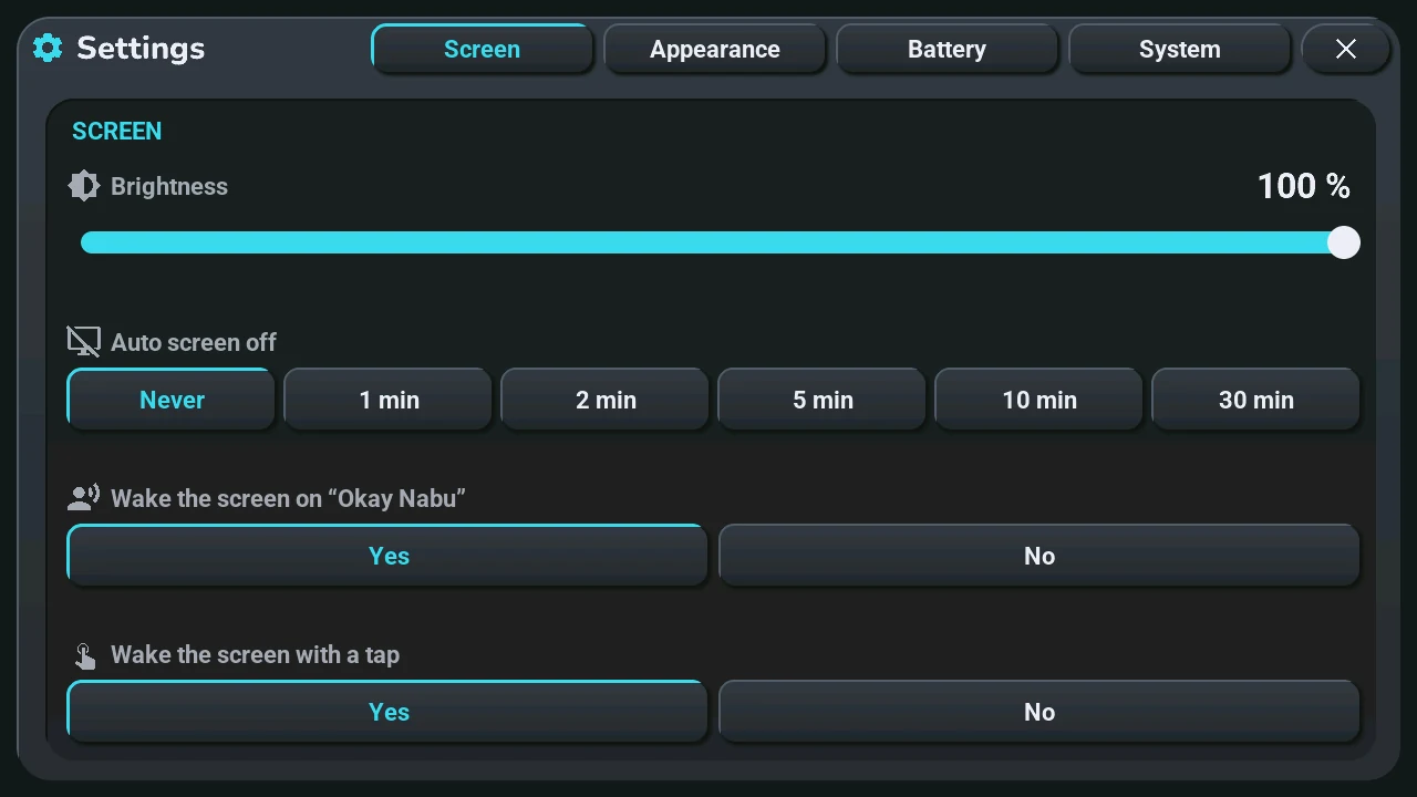 The Settings window on its Screen page: brightness, auto screen off and the two ways to wake the screen