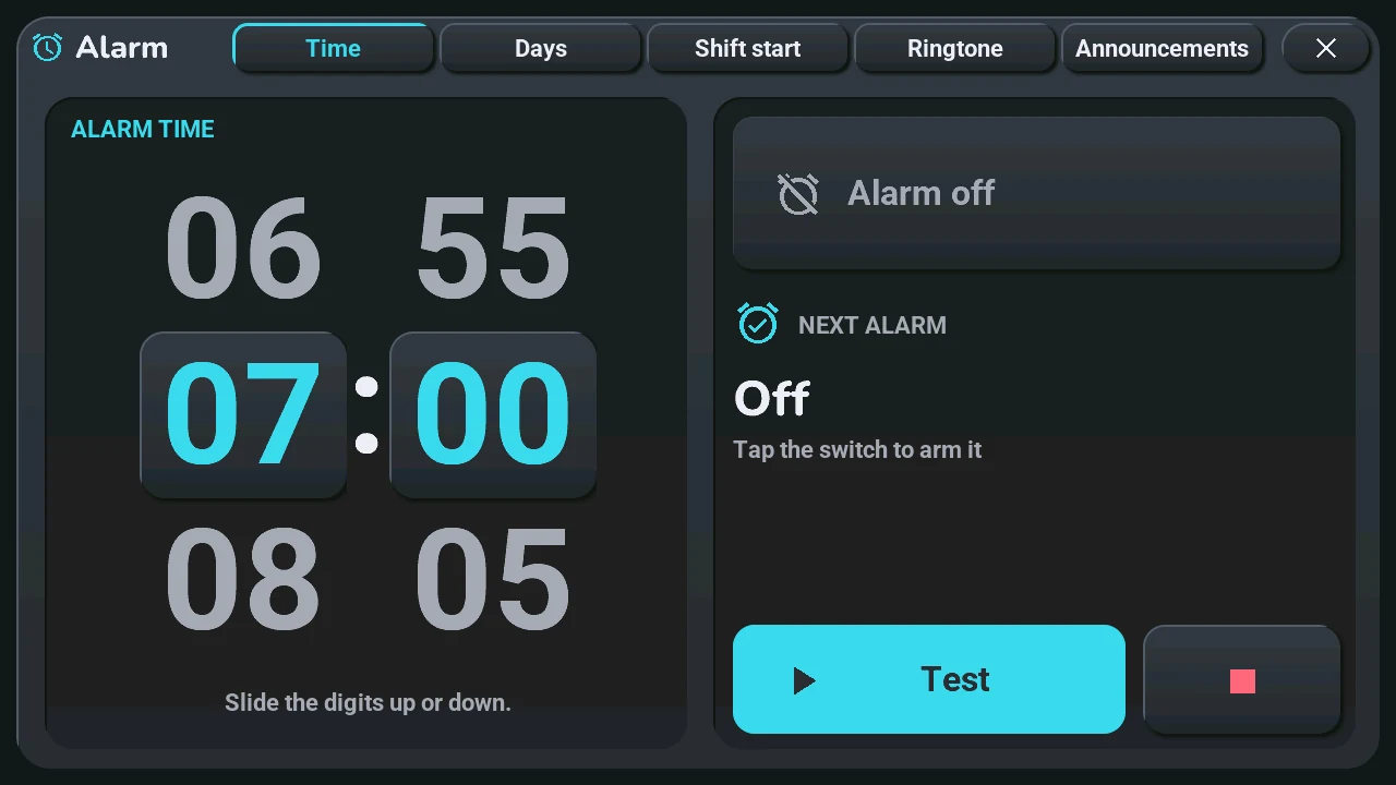 The alarm clock window, Time page: the time on two wheels, the switch, the next alarm, Test