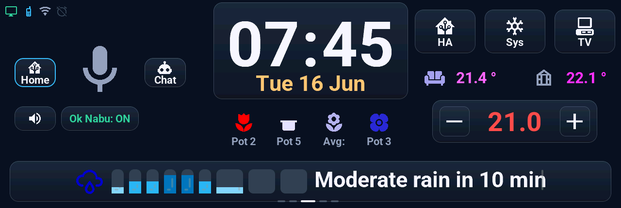 M5Stack Tab5 screen in English: nine rain bars for the next hour and the sentence Moderate rain in 10 min, the date in orange