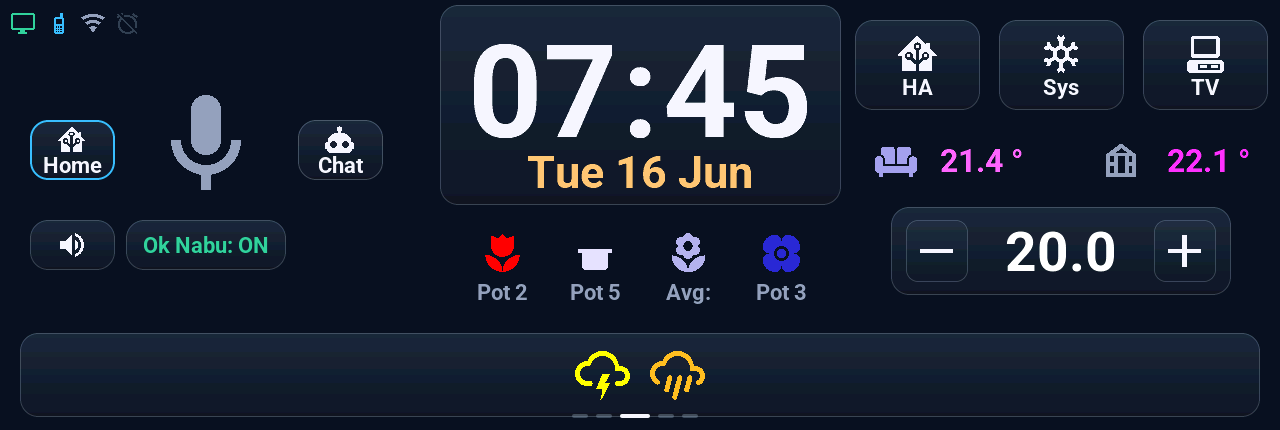 M5Stack Tab5 screen in English with two weather warning icons, a yellow thunderstorm and an orange rain-flood, and the date in orange