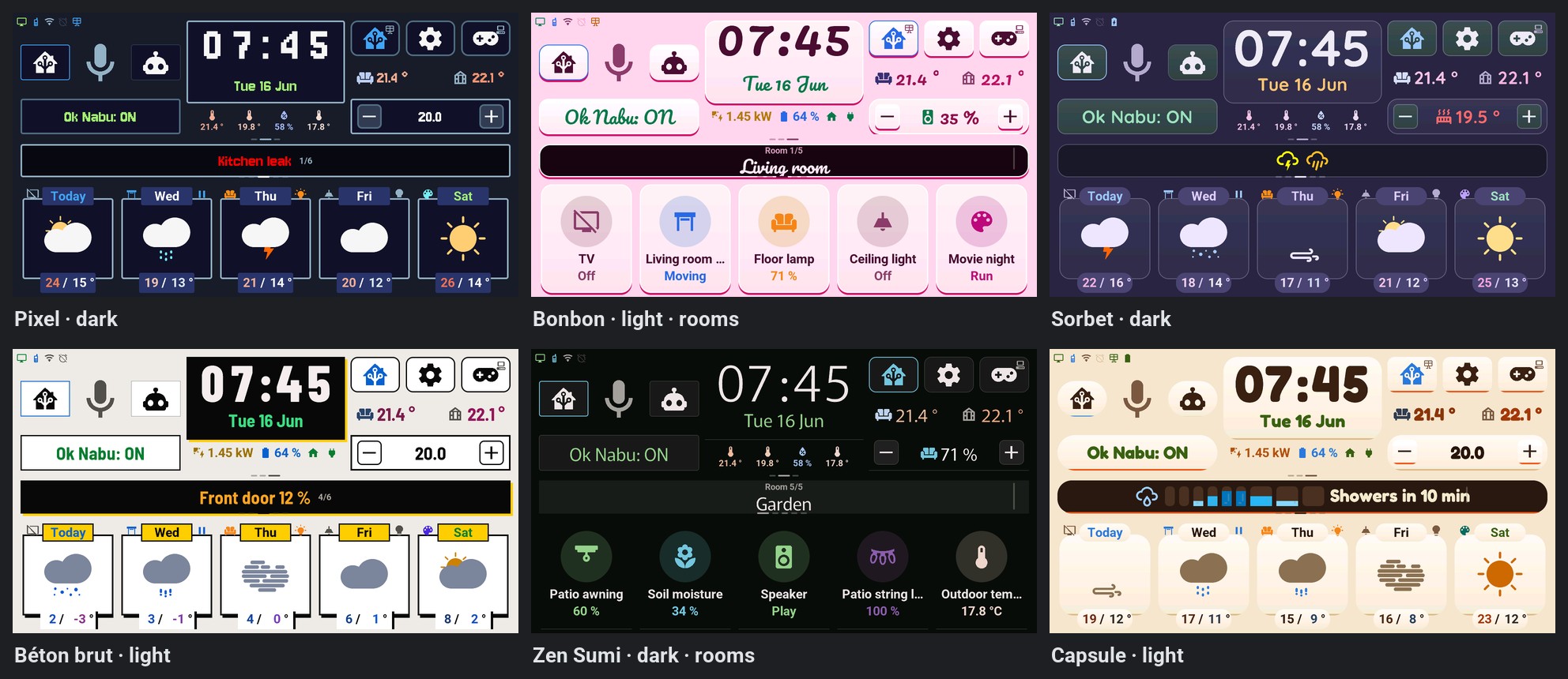 Six themes of the M5Stack Tab5 home screen drawn by the firmware: Pixel dark with a kitchen leak alert, Bonbon light with the living room's devices, Sorbet dark with a weather warning, Béton brut light with a low battery alert, Zen Sumi dark with the garden's devices and Capsule light with rain in 10 minutes