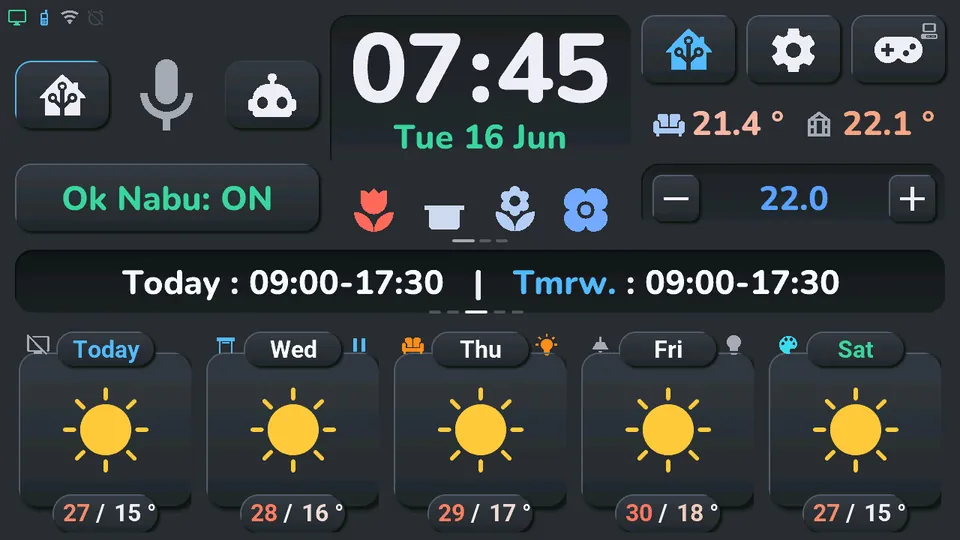 Animated tour of the M5Stack Tab5 Home Assistant screen: home, a room's devices, the whole house, the quick-action wheel, lights, climate, plants, solar energy, calendar, TV remote and console