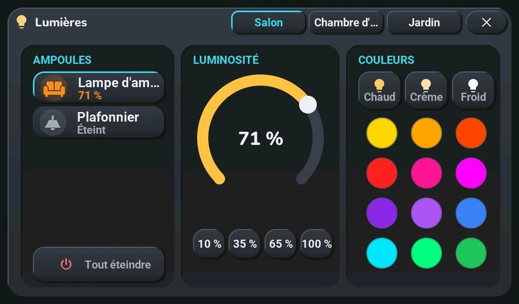 The Lights popup on the 7B, in French: bulbs, brightness ring and colours, all inside the screen