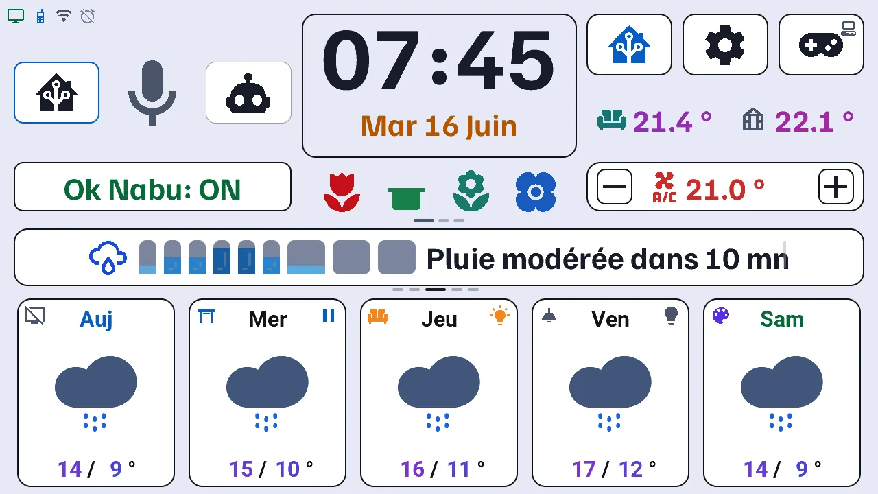 Accueil de la M5Stack Tab5 en thème Bento clair : les barres de pluie de l'heure et « Pluie modérée dans 10 mn » sur la carte centrale, prévisions pluvieuses sur 5 jours