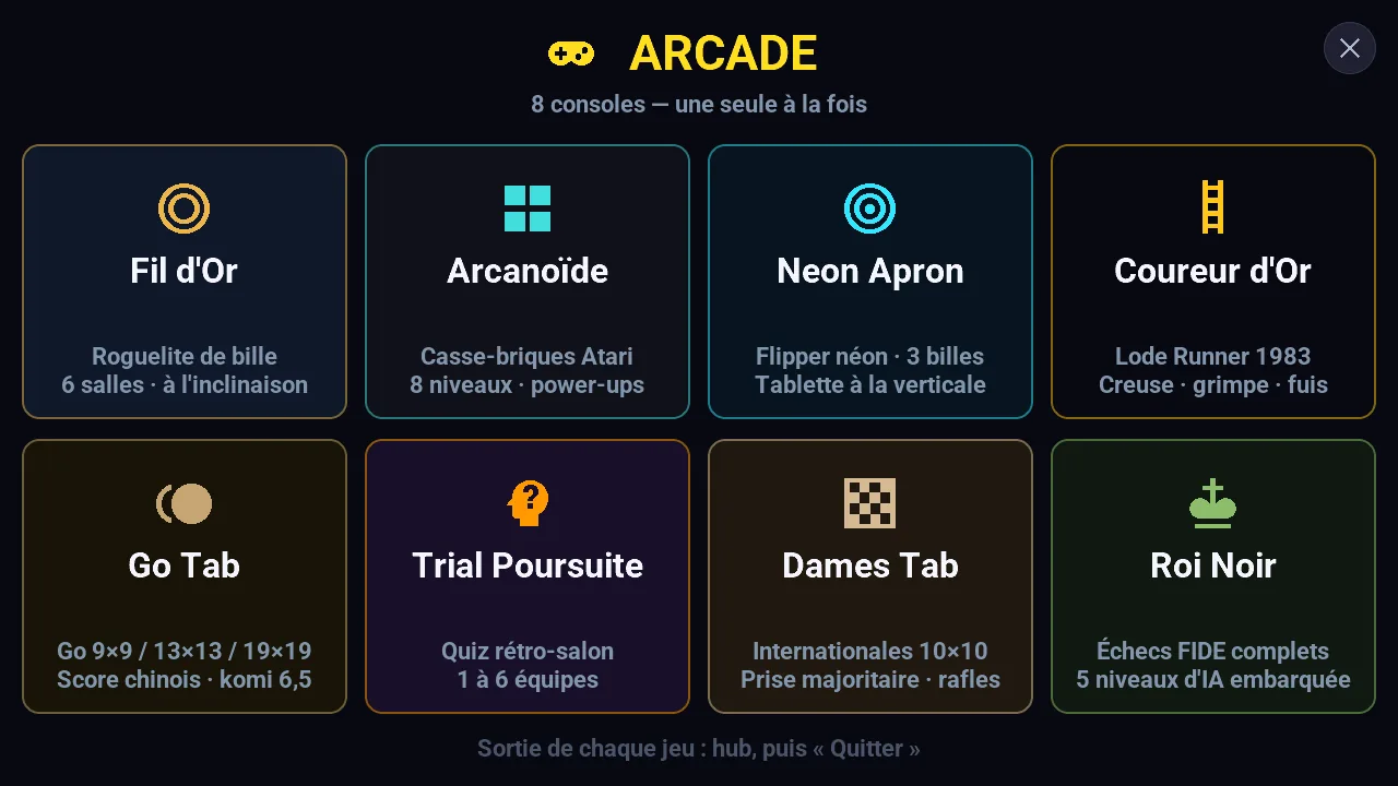 Menu Arcade de la M5Stack Tab5 avec huit jeux hors ligne dessinés avec LVGL