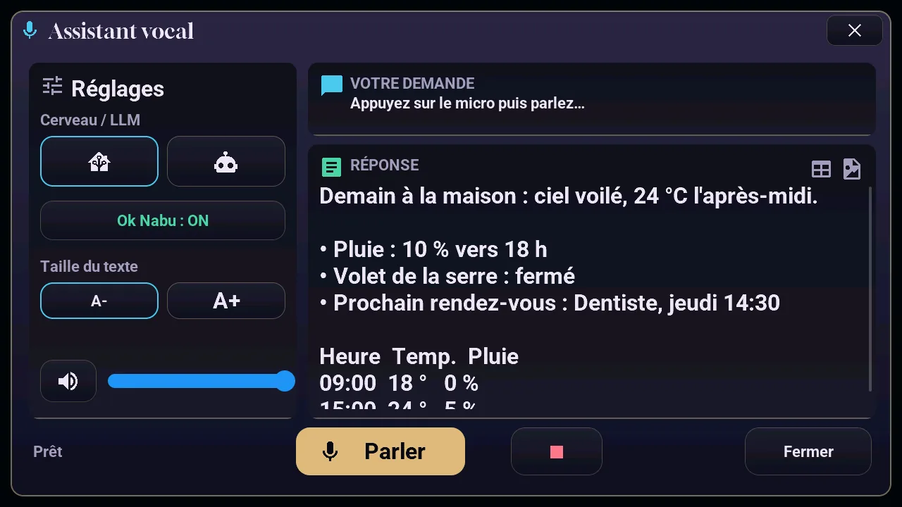Popup Assistant vocal de la M5Stack Tab5 : ses réglages, la demande et une réponse mise en forme avec liste et tableau