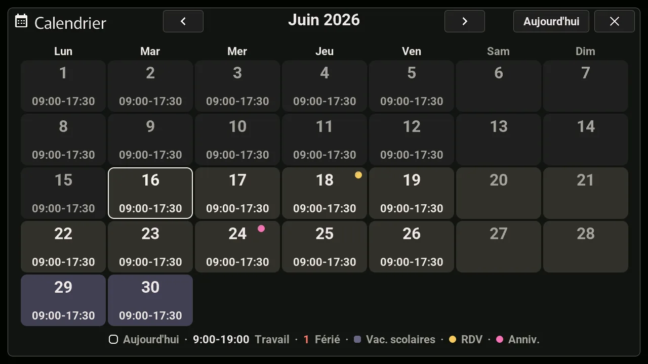 Calendrier du mois de la M5Stack Tab5 : horaires de travail, férié, vacances scolaires, rendez-vous et anniversaires