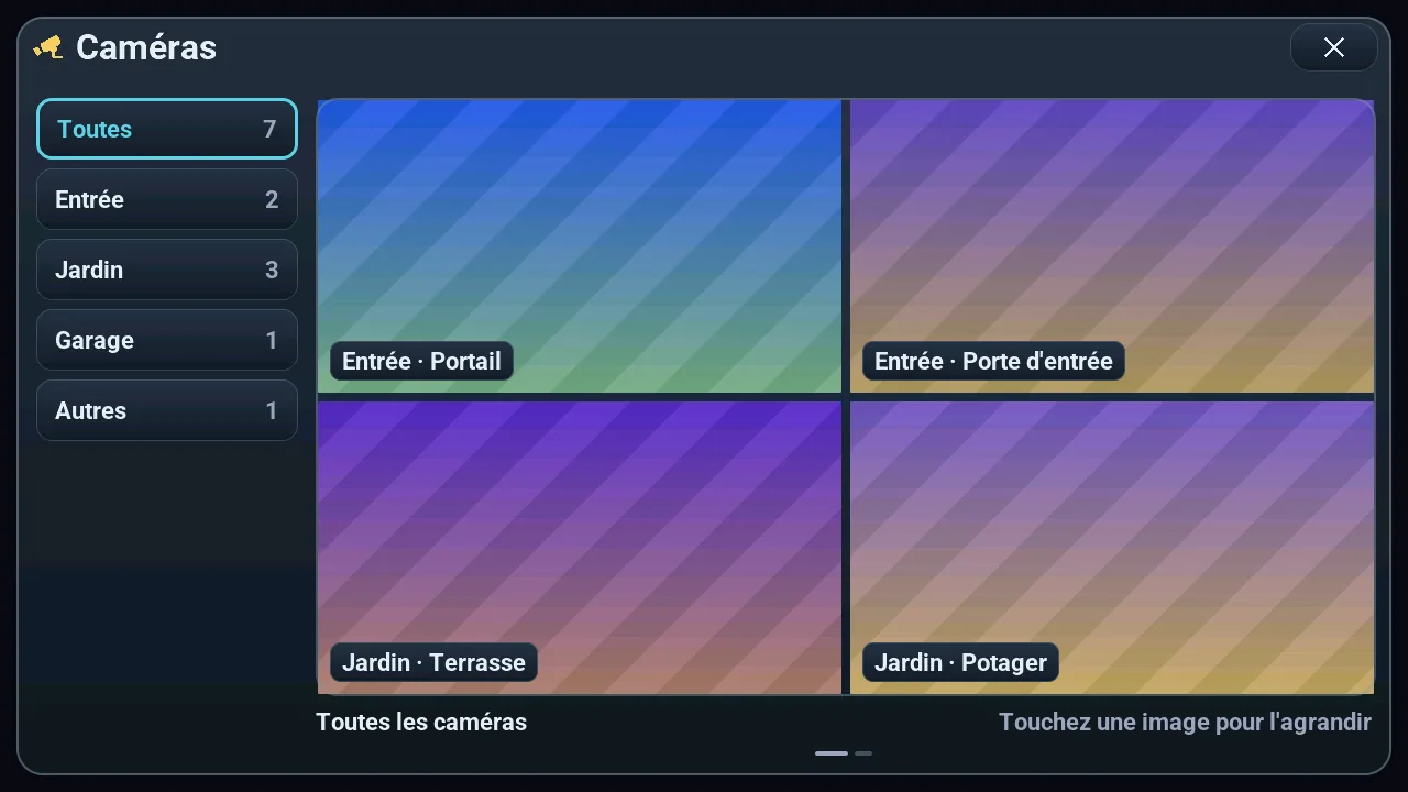 Popup Caméras de la M5Stack Tab5 : sept caméras rangées par pièce, quatre d'entre elles en mosaïque (mire du rendu à la place des vraies images)