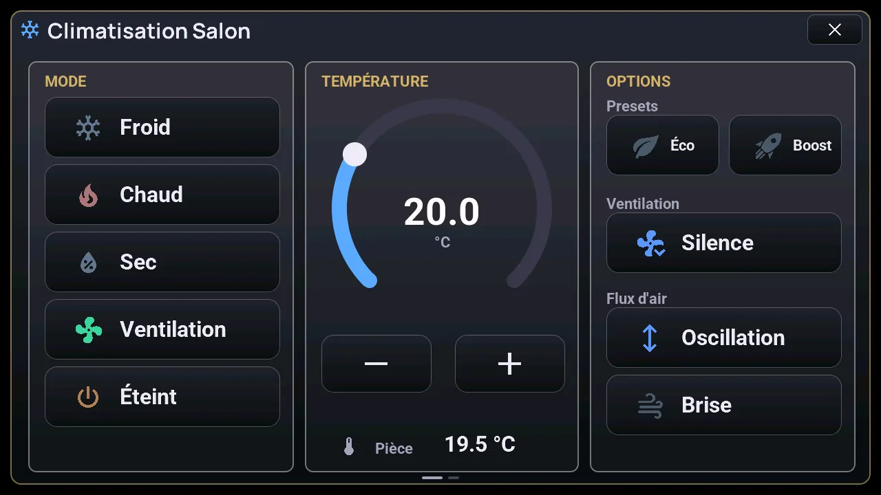 Popup Climatisation de la M5Stack Tab5 : modes, un arc de consigne à 20 °C, presets, ventilation et flux d'air