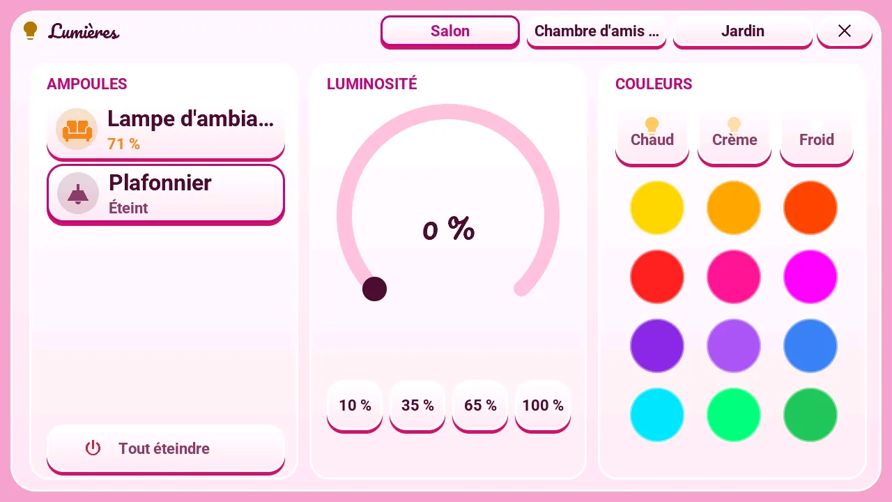 Popup Lumières de la M5Stack Tab5 : les lampes de la pièce, un arc de luminosité avec raccourcis, 3 blancs et 12 couleurs