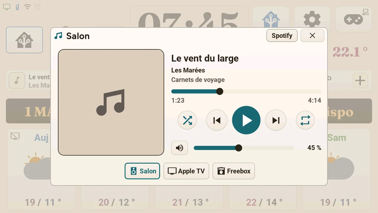 Popup Musique de la M5Stack Tab5 : le morceau en pause et sa progression, les commandes de lecture, le volume et trois lecteurs au choix