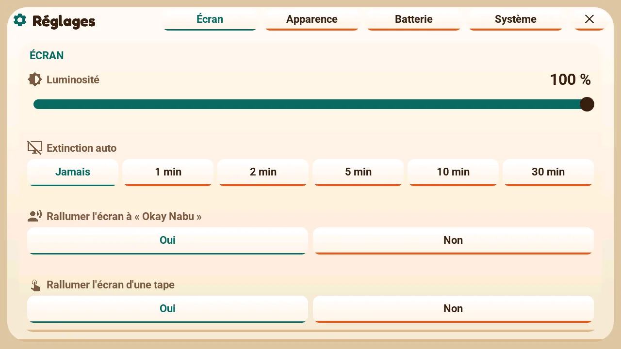 Popup Réglages de la M5Stack Tab5, page Écran : luminosité, extinction auto et options de réveil de l'écran