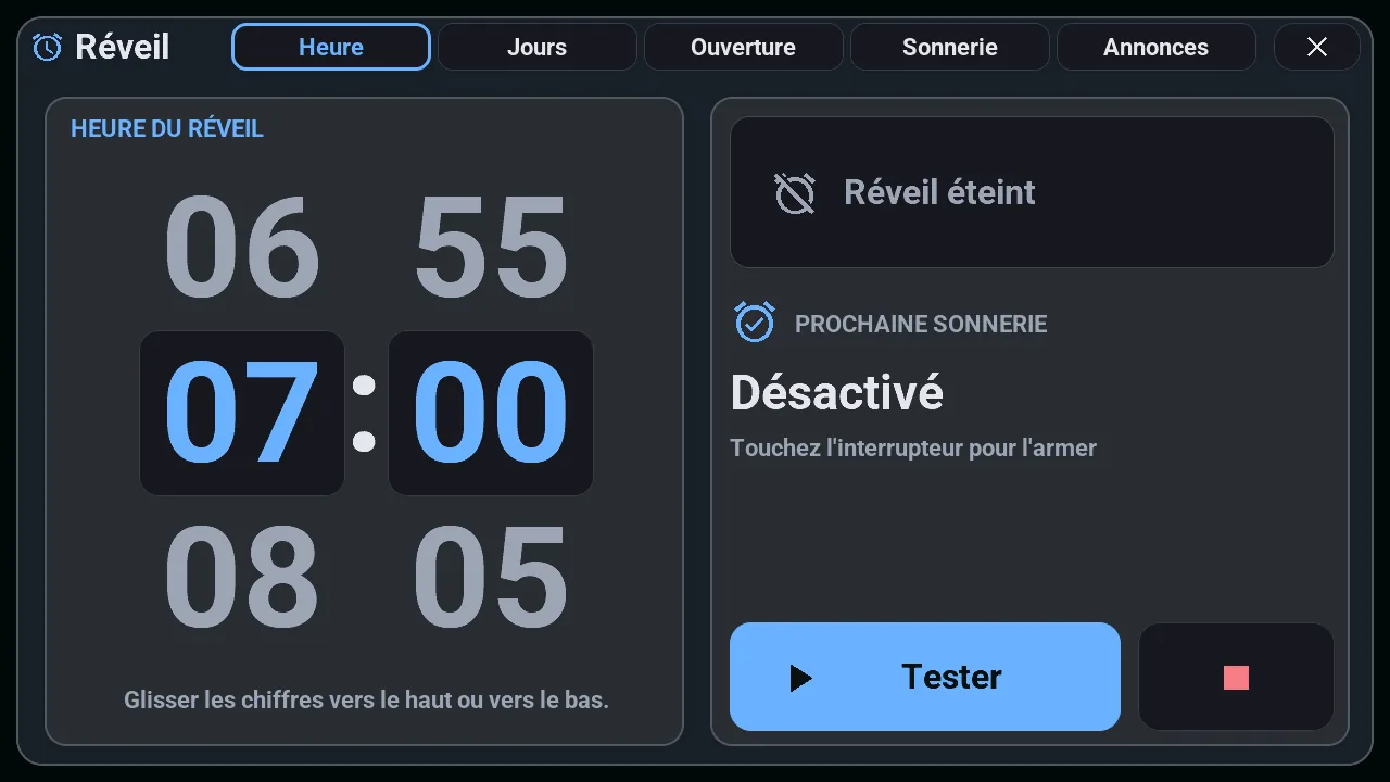 Popup Réveil de la M5Stack Tab5 : l'heure du réveil sur des chiffres à faire défiler, ses onglets (jours, ouverture, sonnerie, annonces) et un bouton Tester
