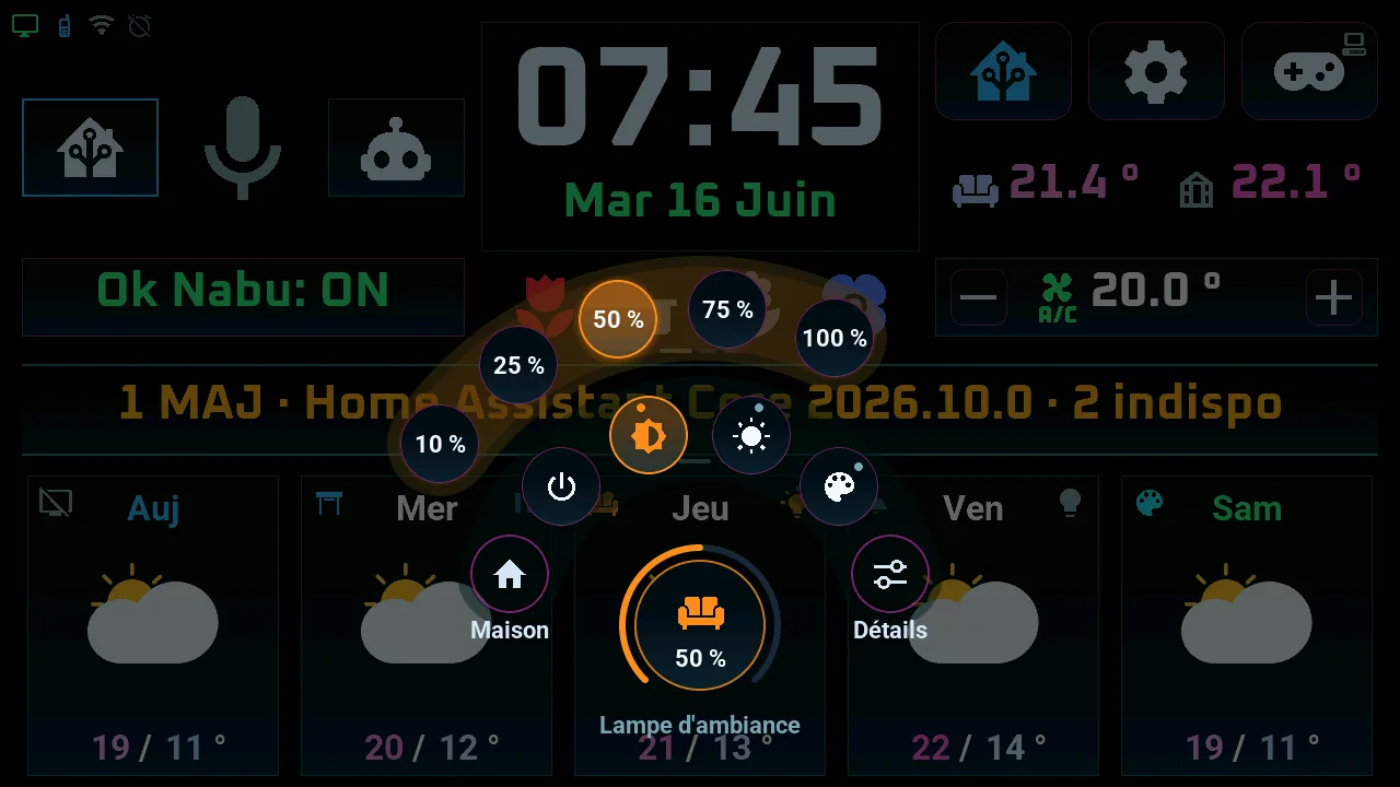 Roue d'actions rapides de la M5Stack Tab5 ouverte par un appui long sur la lampe d'ambiance : paliers de luminosité, marche, couleurs et détails autour du doigt