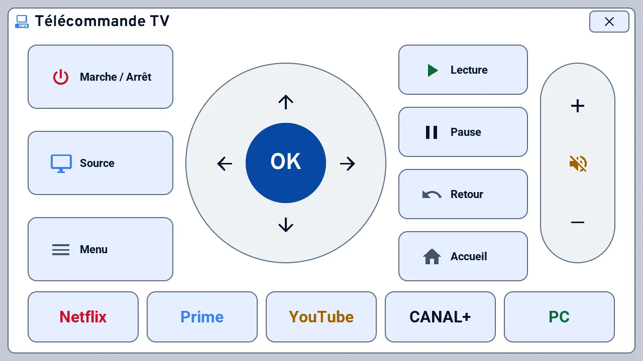 Télécommande TV de la M5Stack Tab5 : marche, source, menu, pavé directionnel, volume, lecture et raccourcis d'applis