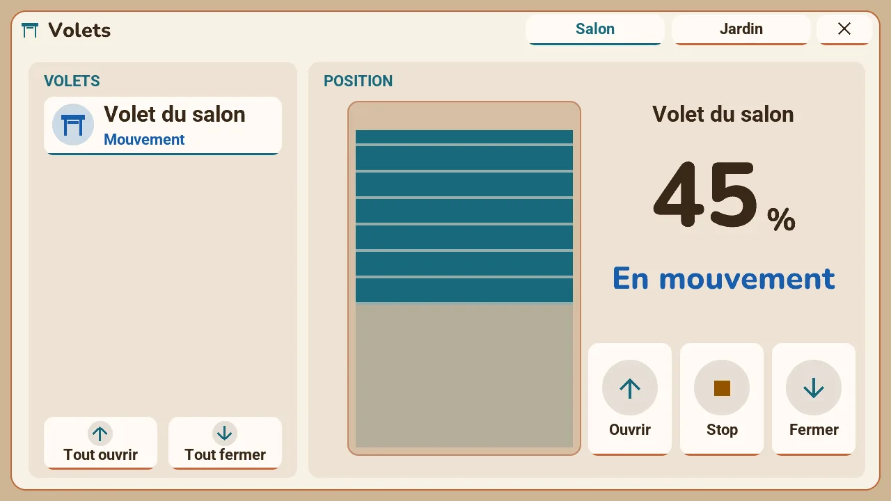 Popup Volets de la M5Stack Tab5 : le volet dessiné à 45 % en mouvement, avec Ouvrir, Stop et Fermer