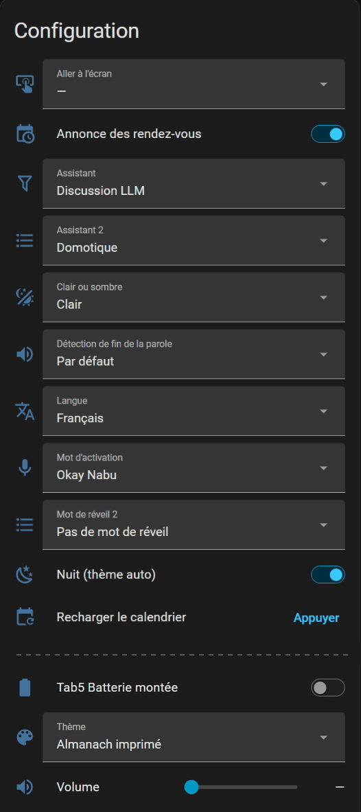 Carte Configuration de la page de la tablette dans Home Assistant : écran à afficher, réglages de la voix, clair ou sombre, langue, nuit, thème, volume