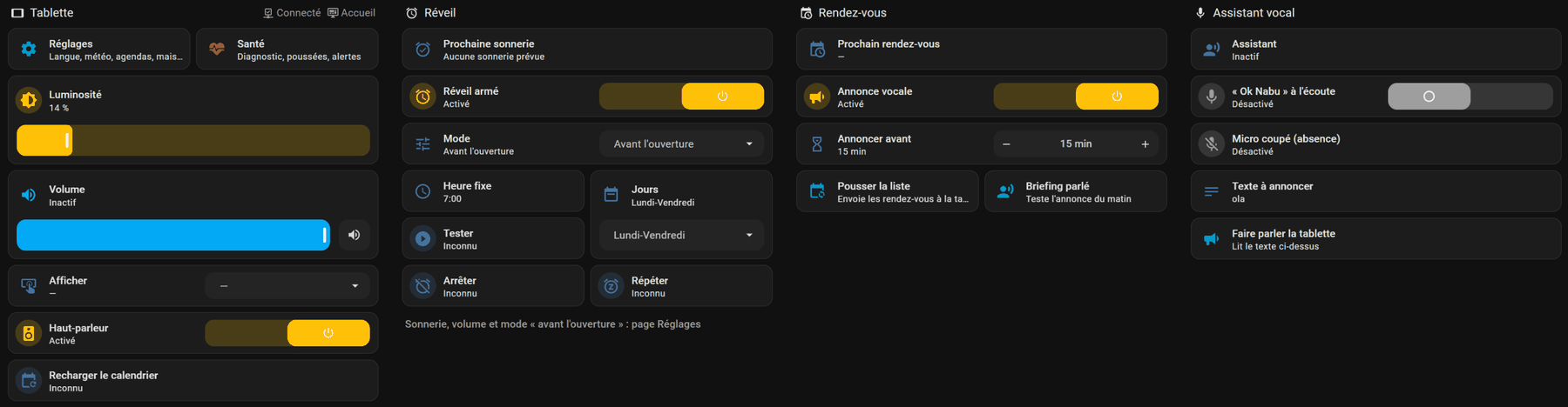 Vue Tab5 du tableau de bord de Home Assistant : luminosité, volume et écran de la tablette, réveil, rendez-vous et assistant vocal