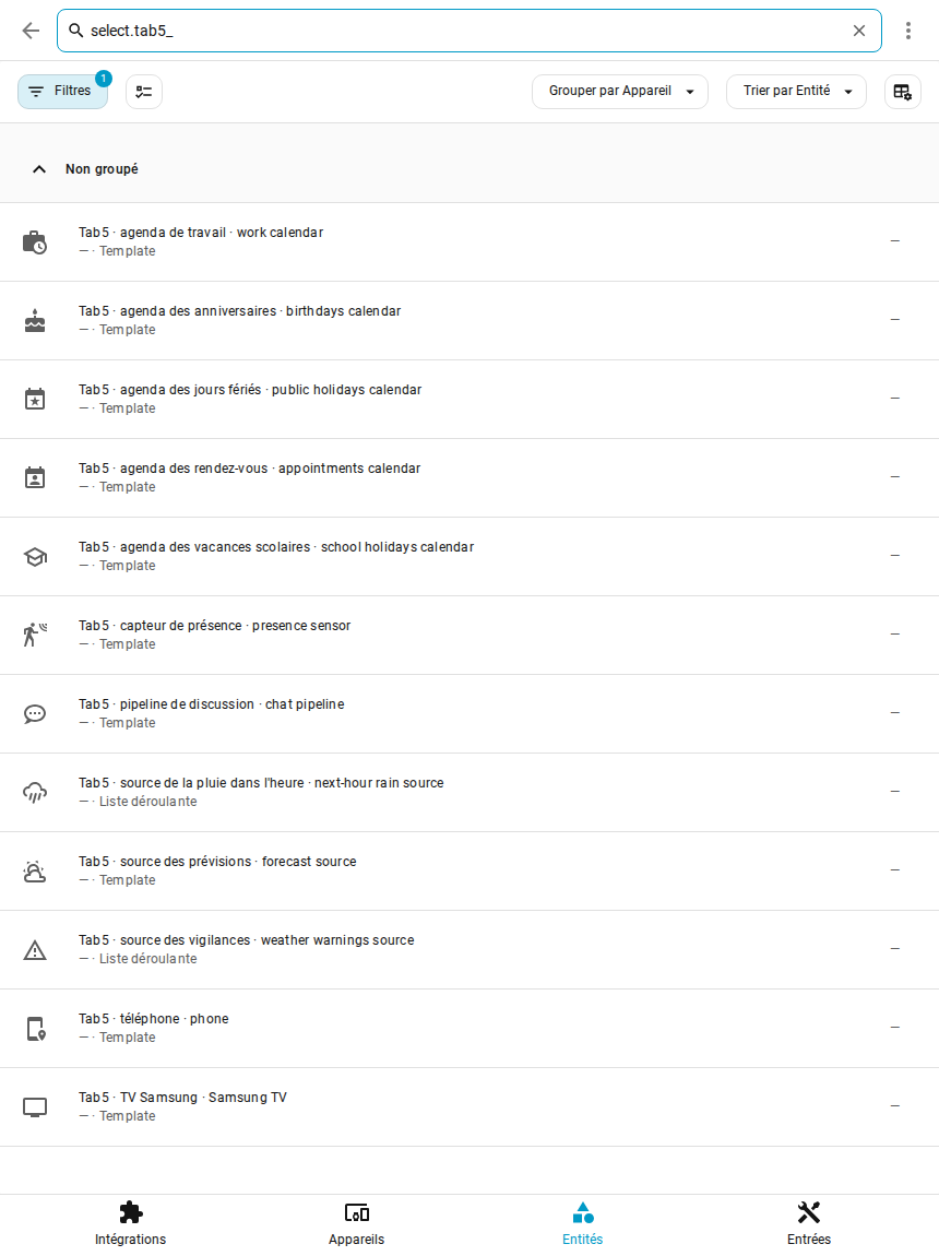 Les listes « Tab5 · » dans la table des entités de Home Assistant, cherchées avec select.tab5_ : agendas, capteur de présence, pipeline de discussion, sources météo, téléphone et TV
