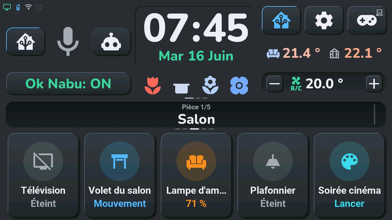 Mode HA : les cinq appareils de la première pièce sous son nom (rendu, données de démonstration)
