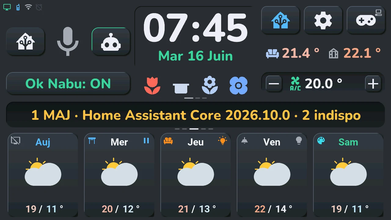 L'écran d'accueil en mode discussion : le bouton du robot est allumé