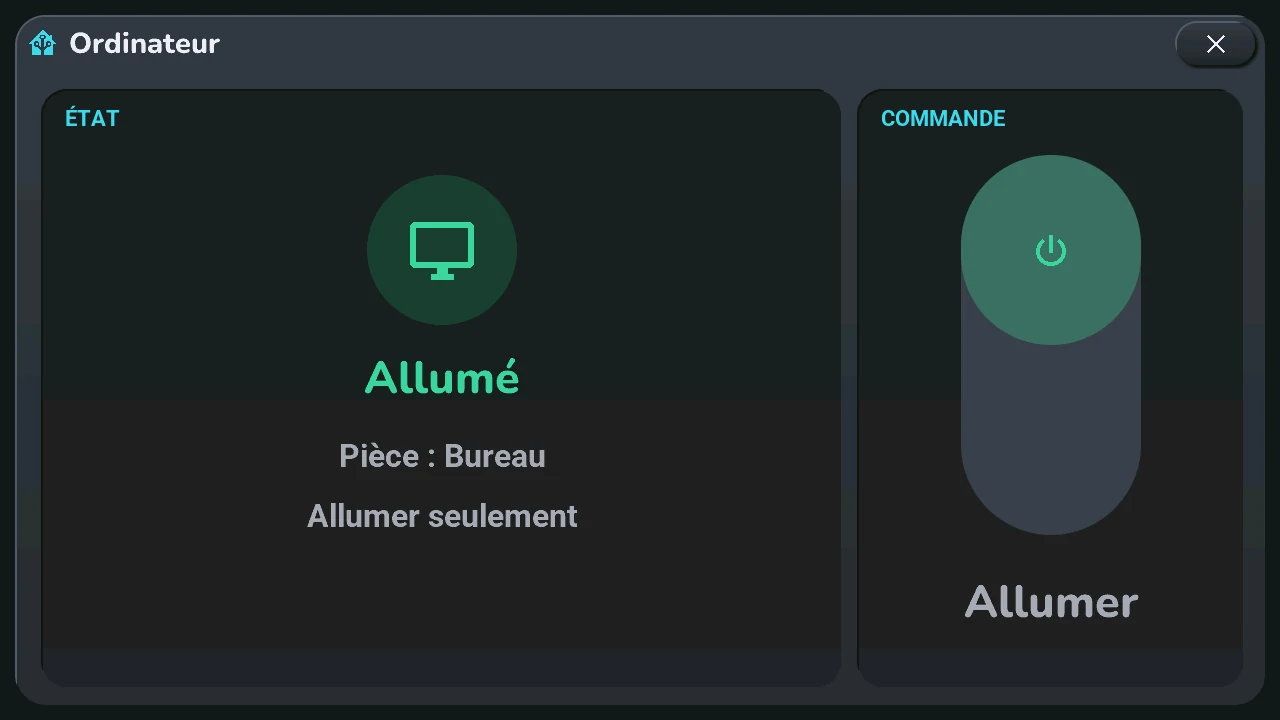 Appui long sur l'ordinateur : sa fenêtre, allumé, réglé sur « Allumer seulement »